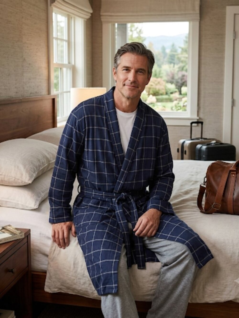 U2SKIIN Mens 100% Cotton Robe Lightweight S/M Blue Plaid NWT!